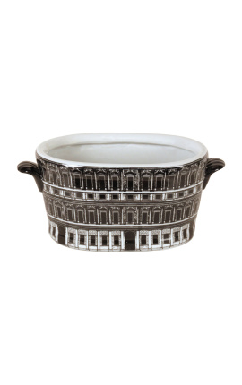 Oval vase / planter size M "Palace" in black and white enameled porcelain