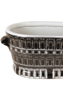 Oval vase / plantestørrelse L "Palace Palace" i sort og hvid emaljeret porcelæn