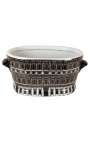 Oval vase / plantestørrelse L "Palace Palace" i sort og hvid emaljeret porcelæn