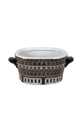 Oval vase / plantestørrelse S "Palace Palace" i sort og hvid emaljeret porcelæn