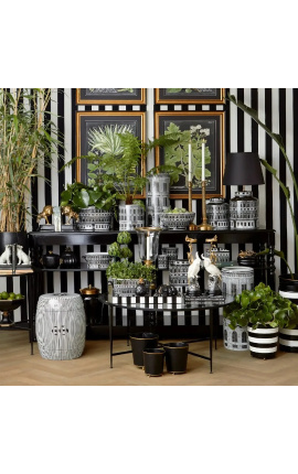 Palacio vase hexagonal / plano en negro y blanco esmaltado porcelana