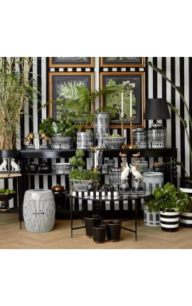 Vase / jardinière hexagonale &quot;Palace&quot; en porcelaine émaillé noir et blanc