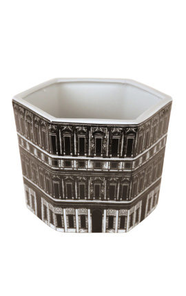 Sechseckige Vase / Pflanzgefäß "Palace" aus schwarz-weiß emailliertem Porzellan
