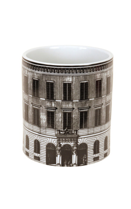 Cylindrisk vase / plantestørrelse M "Palace Palace" i sort og hvid emaljeret porcelæn