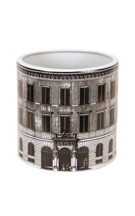 Cylindrical vase / planter size L "Palace" in black and white enameled porcelain