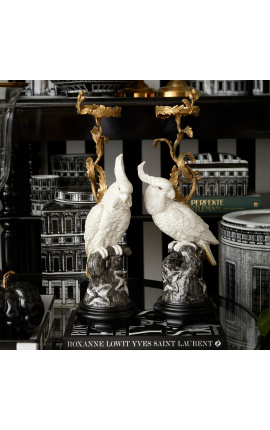 Grande castiçal papagaio branco em porcelana e bronze dourado