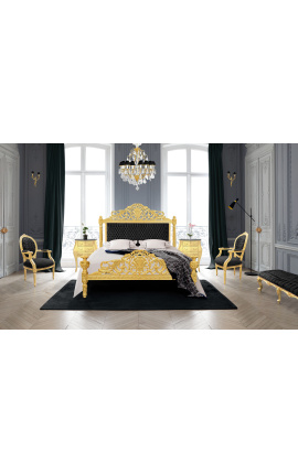 Barokni krevet crna baršunasta tkanina i zlatno drvo