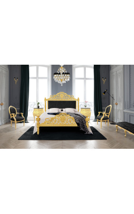 Cama barroca tela de terciopelo negro y madera de oro