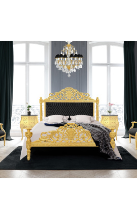 Barockbett aus schwarzem Samtstoff und Goldholz