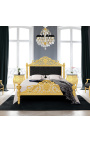 Barok bed zwart fluwelen stof en goud hout