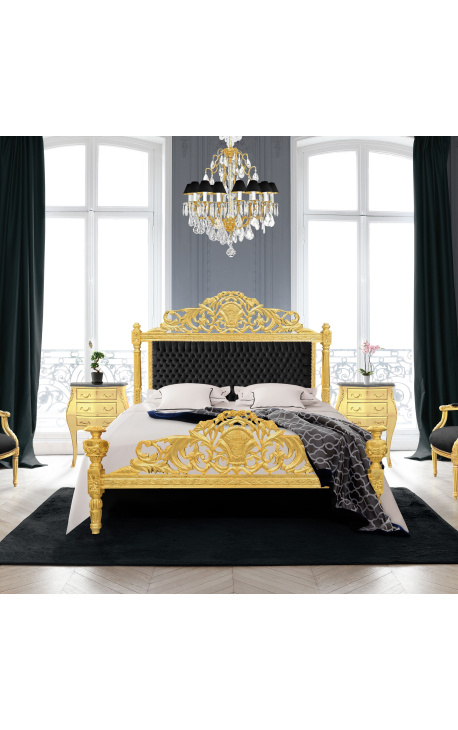 Barockbett aus schwarzem Samtstoff und goldenem Holz