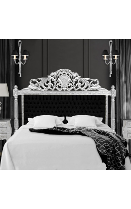 Barok bed hoofdbord zwart fluweel stof en zilver hout