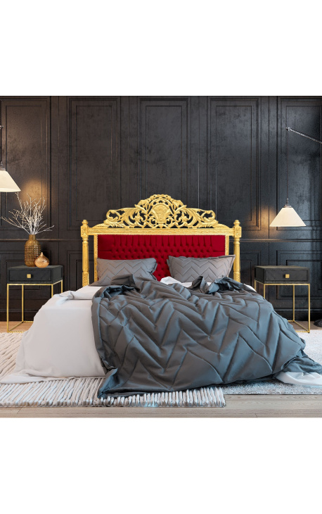 Barokk ágyas fejtámla bordó bársonyból és aranyfából