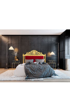 Wezgłowie łóżka w stylu barokowym z bordowego aksamitu i złotego drewna