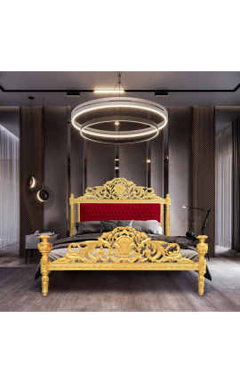 Barokk seng burgunderrød fløyelsstoff og gulltre