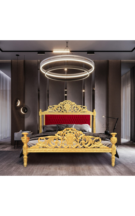 Cama barroca burdeos tela de terciopelo rojo y madera de oro