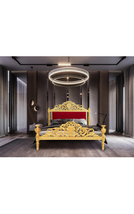 Baroque bed burgundy red velvet fabric and gold wood