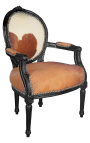 Fauteuil Louis XVI de style baroque vraie peau de vache marron et bois noir