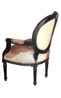 Baroque armchair of Louis XVI style real cow leather brown and white and raw wood