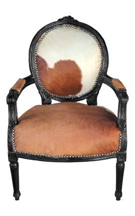 Μπαρόκ πολυθρόνα στιλ Λουδοβίκου XVI από δέρμα αγελάδας καφέ και λευκό & μαύρο ξύλο