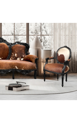 Бароков фотьойл в стил Луи XVI, естествена телешка кожа, кафяво и бяло и необработено дърво