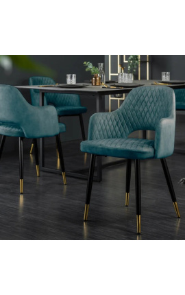 Set of 2 dining chairs &quot;Madrid&quot; design in petrol blue velvet