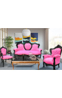 Sessel im Barock-Rokoko-Stil, rosa Samtstoff und schwarzes Holz