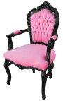 Sessel im Barock-Rokoko-Stil, rosa Samtstoff und schwarzes Holz