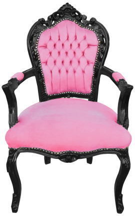 Fotelja u baroknom rokoko stilu ružičasta baršunasta tkanina i crno drvo