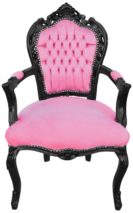 Poltrona in stile rotococò barocco in velluto rosa e legno nero lucido - 1