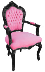 Barokowy fotel w stylu rokoko różowy aksamitny materiał i czarne drewno