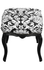 Repose-pied baroque tissu motifs floraux blanc et bois noir