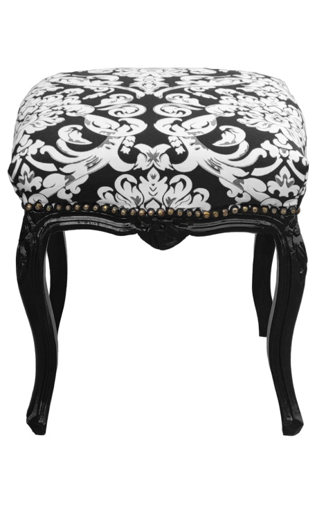 Repose-pied baroque tissu motifs floraux blanc et bois noir