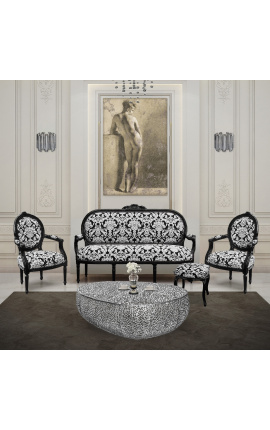 Canapé de style Louis XVI en tissu fleuri blanc et bois noir