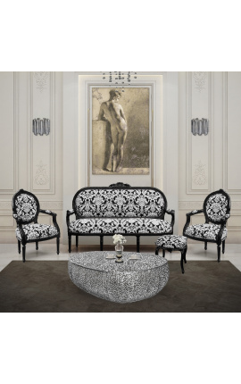 Sofa w stylu Ludwika XVI z białej tkaniny w kwiaty i czarnego drewna