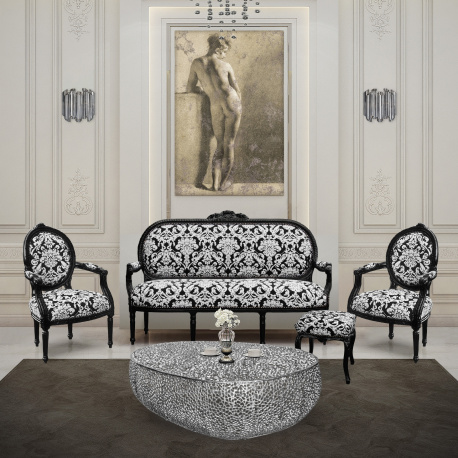 Louis XVI style sofa in white floral fabric and black wood