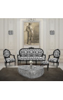 Louis XVI style sofa in white floral fabric and black wood