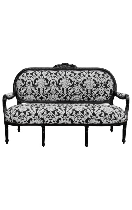 Canapé de style Louis XVI en tissu fleuri blanc et bois noir
