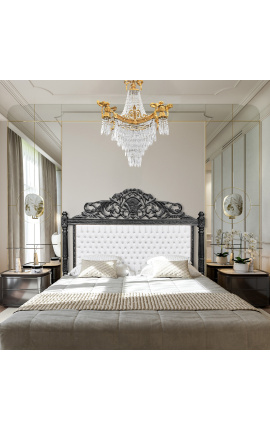 Wezgłowie łóżka w stylu barokowym biała ekoskóra i cyrkonie czarne lakierowane drewno