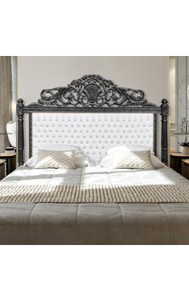 Baročno posteljno vzglavje iz belega usnja in okrasnih kamenčkov iz črnega lakiranega lesa