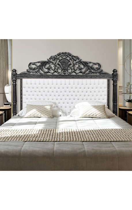 Barokk ágy fejtámla fehér műbőr és strassz feketére lakkozott fa