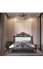 Lit Baroque tissu simili cuir blanc avec strass et bois noir