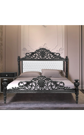 Baroque bed fabric white leatherette with rhinestones and black lacquered wood