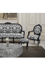 Fauteuil baroque de style Louis XVI tissu motifs floraux blanc et bois noir