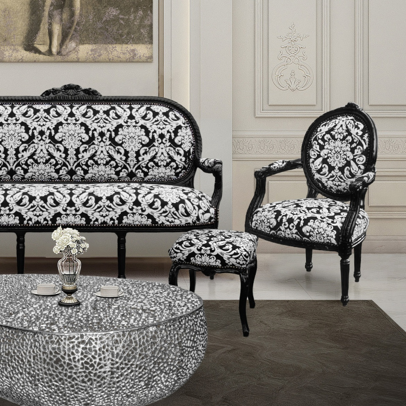 Baroque armchair Louis XVI style with white floral fabric, black wood