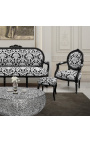 Repose-pied baroque tissu motifs floraux blanc et bois noir