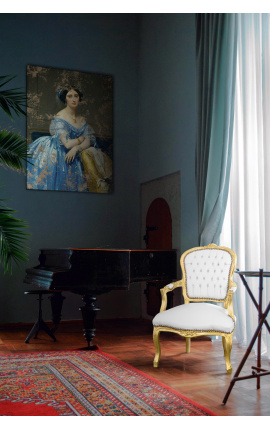 Sillón barroco de estilo Louis XV piel blanca con piedras preciosas y madera de oro