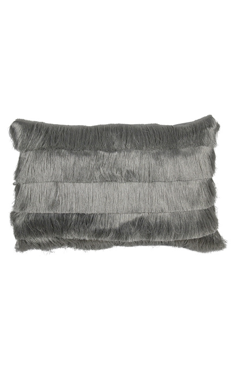 Silver rectangular cushion with fringes 40 x 60