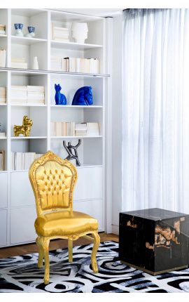 Cadeira estilo barroco rococó imitação de couro dourado e madeira dourada