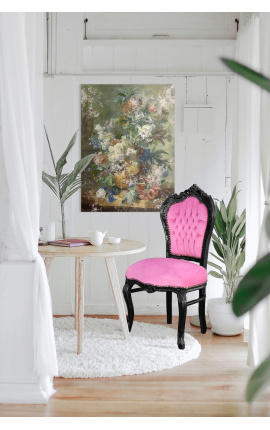 Sedia in stile barocco rococò tessuto in velluto rosa e legno nero
